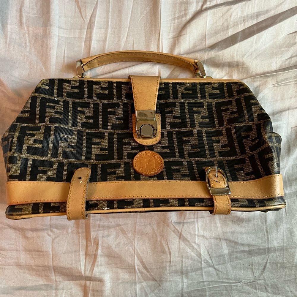 Vintage Fendi Black & Tan FF Logo Top Handle Satchel